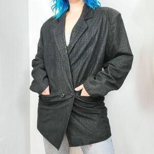 Vintage 80s Bermans Black Reptile Print Suede Leather Blazer Jacket